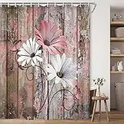 JAWO Farmhouse Flower Floral Shower Curtain, Rustic Pink Daisy Shower Curtain Set, Country Pink Wild Garden Plant Fabric Shower Curtain with Hooks, Brown Wooden Board Bathroom Curtain, 69x70inch