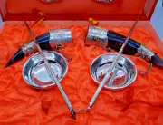 Seven-Piece Silver Bowls Chopsticks with Horn Rests In Original Box