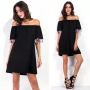 Women Girls Summer Beach A-Line Gradient Off-shoulder Short Mini Shirt Dresses