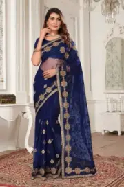 Navy Blue Designer Resham Zari Stone Embroidery Work Sari Net Party Wear Saree