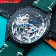 Mens Automatic Mechanical Watch Black Green Suede Leather Strap Quick Release
