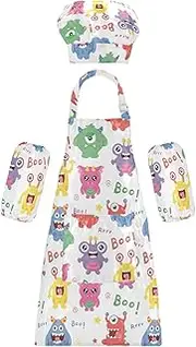 AIXIWAWA Kids Apron Chef Hat Set, Child Kitchen Bib Aprons Adjustable for Cooking Baking Painting (Kawaii Monsters)