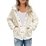 Nevenka Womens Oversized Long Sleeve Button Sherpa Jacket Coat Pockets Warm Fleece-White