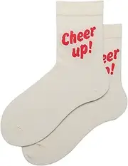[pants & sox] Fun Saying Cheer Up Women Cotton Crew Socks White