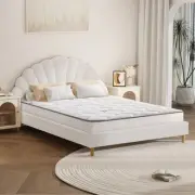 Oikiture Bed Frame Double Size Scallop-Shape Bedhead White Boucle with Mattress