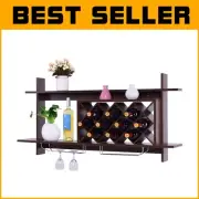 Stylish 6-Bottle Wall Mounted Wine Rack with Glass Holder - Black Walnut