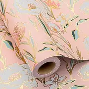 Merture Pink Wedding Wrapping Paper Roll with Flower Patterns - 17 In X 32.8 Ft - 1 Roll (46.5 sqft.ttl.) Foil Floral Design Gift Wrap for Wedding, Valentines Day, Mothers Day, Birthday, Christmas