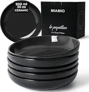 MIAMIO – 900 ml Set of 6 Pasta Bowls/Salad Bowls, Pasta Plates Wide and Shallow Bowl, Large Ceramic Stoneware Deep Plate, Microwave and Dishwasher Safe - Le Papillon Collection (Black)