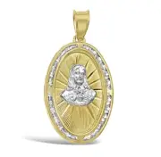 10k Two Tone Gold Jesus Head Oval Pendant CZ Charm 1.5 inch