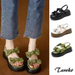 【TAROKO】蔚藍夏日蝴蝶結一字扣帶圓頭厚底涼鞋(3色可選)