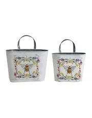 [Willow & Silk] Queen Bee Oval Pot Planter Buckets Set of 2 in Distressed White