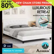 ALFORDSON Bed Frame Double Size Wooden Base Platform Leather White MADELYN