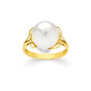 9ct Gold Pearl & Diamond Flower Ring in White