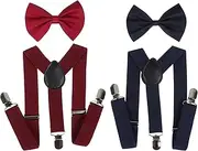 [DKDDSSS] 2 Sets of Children's Braces, Braces with Bow Tie, Elastic Adjustable Braces Bow Tie Set for Children from 1-8 Years, Braces for Boys and Girls, Dark blue and red, One size