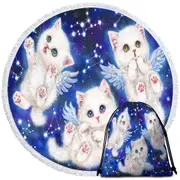 Cute Star Angels White Kitty Cats in Space Round Beach Towel