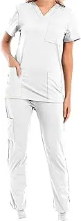 [kowaku] Uniforms Scrub Set Workwear Top and Drawstring Trouser V Neck Lady Clothing Work suits for Pet Groomer SPA Beauty Salon