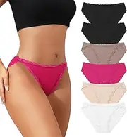 [Cozyroam] Underwear Women, Lace-Trimmed Bikini Panties, Low Rise Stretchable Comfortable Hipster Briefs 6-Pack, Multiple Colours