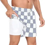 [GuoChe] Men Beach Shorts Men's 2In1 Workout Running Shorts Blue Checkered Gray Plaid Phone Pocket Gym Shorts Quick Dry