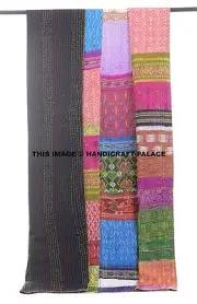 Indian Silk Patola Patchwork Kantha Quilt Reversible Silk Blanket Handmade Quilt