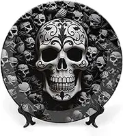 Black and White Skull Ceramic Decorative Plates for Displaying Boho Style Ceramic Decorative Plates with Display Stand for Home Decor, 7