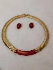 Vntg Monet Omega Necklace Gold & Red Enamel Paired W/ Trifari Red Earrings Set