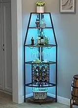 6 Tier Corner Wine Rack with LED Lights Wine Rack Freestanding Floor with Wine Glass Holder and Wine Bottle Holder for Living Room Dining Room Kitchen Living Room Home Bar Furniture (Rustic Brown)