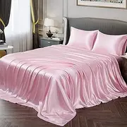 Vonty Satin Sheets Twin Silky Soft Satin Bed Sheets Pink Satin Sheet Set, 1 Deep Pocket Fitted Sheet + 1 Flat Sheet + 1 Pillowcases