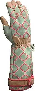Digz Rose Pruning Vegan Leather Garden Gloves, Long Forearm Protective Cuff with Touchscreen Compatible Finger Tips, Red Geometric Pattern, Medium