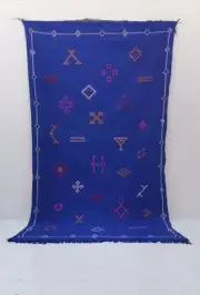 Cactus silk carpet, handmade, tribal motifs, blue carpet, 145x245cm, 4.75x8ft.