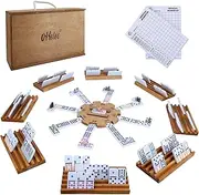 Offelec Mexican Train Double 12 Dominoes Set with Wooden Box, Domino Tile Board Games with 8pcs Trays, 9 Markers, 91 Tiles, 2 Scoreboards and Hub - Dominos Set for Adults Kids and Family Game Night