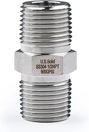 U.S. Solid 304 Stainless Steel Hex Nipple, 6000 psi High Pressure Heavy Duty Pipe Fitting, 1/2" x 1/2" NPT Male Thread Pipe Adapter(1 pcs)