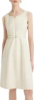 [GOELIA] Women's Midi Dress with Belt Merino Wool Beige Sleeveless V Neck Office Work Party Suit Formal Dresses for Women
