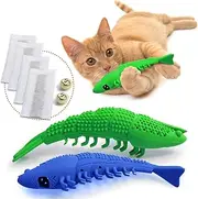 Ronton Cat Toothbrush Catnip Toy - Durable Hard Rubber - Cat Dental Care, Cat Interactive Toothbrush Chew Toy 2-Pack, Refillable Catnip Kitten Teaser Toy with Bell (Green/Blue)