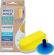 White Magic Shower Eraser Sponge – 15 x 8 x 4.8 cm, Removes Soap Scum & Hard Water Marks with Just Water, Chemical-Free, Unique Iron Shape for Easy Maneuverability – Includes Suction Hook for Storage