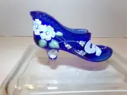 Vintage Fenton Hand Painted Cobalt Blue Glass Flower Slipper Signed by S Burns
