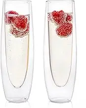 2Pcs Double Wall Glass Champagne Glasses, Elegant Stemless Flutes for Party and Wedding, Insulated Sparkling Wine Glasses 150ml (150ml)