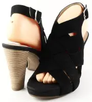 $99 LUCKY BRAND PEXX Black Nubuck Designer Platform Heel Sandals 8.5 EU 38.5
