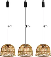 3 Outdoor Hanging Light Fixtures for Gazebo Battery Operated Handmade Bohemian Pendant Light Rattan Shade Decorative Lights Remote LED Lantern Powered by 4 AA Batteries for