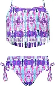 [SHEKINI] Girls Tie Side Sports Tassel Bikini Bathing Suit Set Printing Two-Piece Swimsuit
