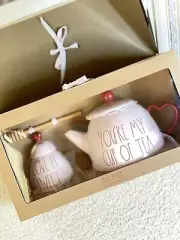 Rae Dunn VALENTINES TEAPOT HONEY POT SET YOU’RE MY CUP OF TEA 2023 HEART HANDLE