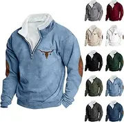 [JIEMUXIU] Men's Quarter Zip Sweater, Western Aztec Sweatshirt, Fleece Lining, Fashion Sweatshirt, Casual, Sporty, Retro Pull, Light Blue, Large
