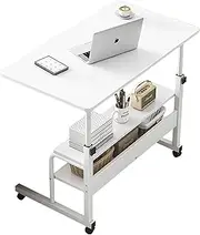 CATZONS Mobile Laptop Desk with Storage Shelves, Height Adjustable Rolling Table (White, Small)