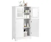 Giantex Bathroom Floor Cabinet w/ Tempered Glass Doors Freestanding Wooden Storage Organiser for Kitchen Living Room,White