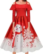 [JMEDIC] Off Shoulder Christmas Party Dresses,Printed Off Shoulder Dress Long Sleeve | Fashionable Christmas Dresses, Chic Party Dress, Festive Long Sleeve Dres for Party, Dinner, Home Red