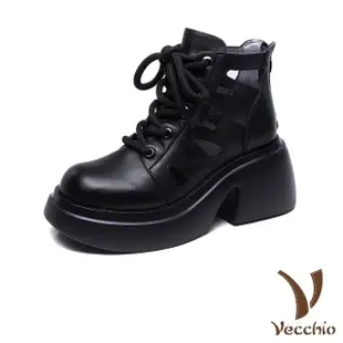 【Vecchio】真皮馬丁靴 厚底馬丁靴/全真皮縷空線條綁帶鬆糕厚底馬丁靴(黑)