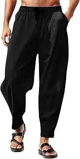 [Generic] Linen Pants for Men Casual Drawstring Elastic Waist Summer Beach Pants Lightweight Baggy Yoga Workout Trouser