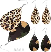[COLLBATH] Unique Women's Fashion Earrings 2 Pairs of Drop Dangle Teardrop Faux Leather Earrings in Leopard Camo