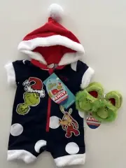 NEW! Peter Alexander The Grinch Baby One Piece Christmas Pyjamas Slippers 0-3Mth