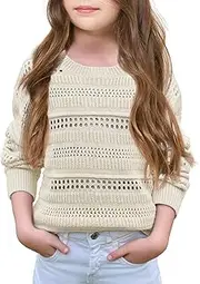 [Haloumoning] Girls' Pullover Children's Long Sleeve Crew Neck Plain Knitted Jumper Fashion Casual Hollow Jumper