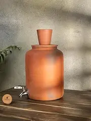 Village Decor Handmade Earthen Clay Water Pot | Beverage Dispenser With Stainless Steel Faucet Tap and Glass, Capacity 6000 ml / 202 oz